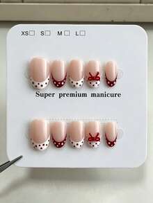 10pcs Pure Handmade Oval Press On Nails, Sweet Vintage Cute Style, Nude French Design,Red Polka Dot & 3D Bow Decorative Patterns For Women And Girls, Spring Summer Fall Winter Festivals Party And Daily Life Use - Red and White - View 1