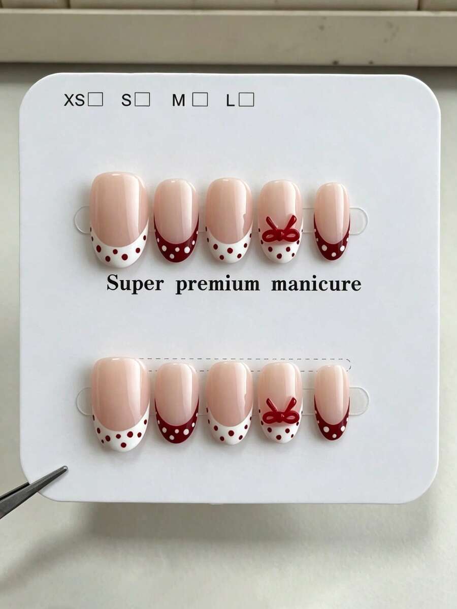 10pcs Pure Handmade Oval Press On Nails, Sweet Vintage Cute Style, Nude French Design,Red Polka Dot & 3D Bow Decorative Patterns For Women And Girls, Spring Summer Fall Winter Festivals Party And Daily Life Use - Red and White - View 1