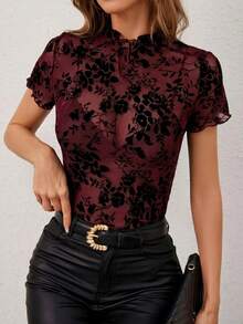 2026 Spring/Summer New Women's Stand Collar Mesh Flocked Short Sleeve T-Shirt Top Vacation Casual Red - Red - View 10