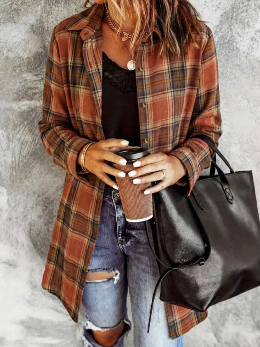 Women's Fashion Plaid Flannel Shacket, Long Sleeve Button-Down, Perfect Casual Outerwear For Autumn/Winter - Burnt Orange - View 1
