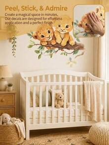 1pc Watercolor 2 Little Lions & Branch Pattern Removable PVC Wall Sticker, Self-Adhesive Waterproof Warm Mori Style Nursery Bedroom Background Wall Decor For Baby Boy - Multicolor - View 6