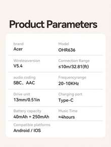 Acer TWS 入耳式無線藍牙耳機 ENC+ANC 雙進路降噪 電影級空間環繞音效 定向音訊防漏音 輕量耳柄 舒適佩戴 Bluetooth 5.4 低延遲 超長續航 全天待機 Type-C 快充 多裝置兼容 手機平板筆電通用 通勤運動遊戲音樂 內建麥克風附充電盒 - 查看 11