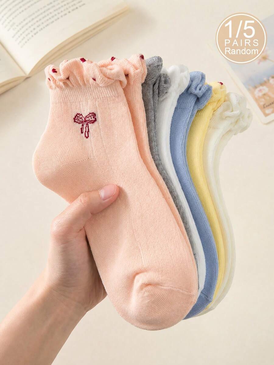 1/5 Pairs Women's Random Bowknot Polka Dot Solid Color Minimalist Fashion Low-Cut Short Socks, Soft Comfortable Breathable Cute All-Season Versatile Preppy Style Suitable For Daily Wear And Outings - Multicolor - View 1