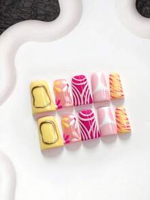 10pcs Fashion Handmade Press-On Nails, Polygel Nail Set, Yellow, Pink And Purple With White Flowers, Yellow, Pink, Purple Nail Polish, Cute Girl Style, Includes Nail Tools, 3 Sizes Available, Almond, Duck, Coffin Shape, Suitable For Party, Dancing, Daily Wear - 彩色 - 查看 13