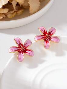 1 Pair Fashion Minimalist Floral Oil Drop Earrings For Women Daily Wear - Hot Pink - View 4