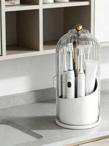 Multifunctional Rotating Storage Box With Sliding Cover Toothbrush Holder, 360° Rotating Storage Organizer, Dust-Proof Bathroom Vanity Storage Box, Multi-Compartment Storage For Toothbrushes, Toothpaste, Makeup Brushes And Other Items, Fashionable Storage Organizer, Fashionable Design With Transparent Door, Efficient Toothbrush Storage Rack, Perfect For Multiple Scenarios, Multi-Purpose Storage - Multicolor - View 7