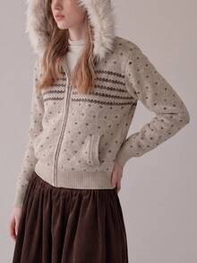 Women's Winter Casual Minimalist Vintage Pattern Striped Design Hooded Sweater Cardigan Jacket - Milk Coffee - View 1