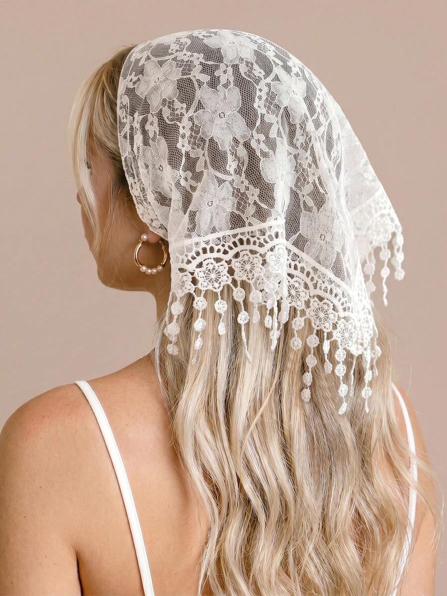 1 buah Ikat Kepala Wanita Motif Bunga Asli dengan Bordir Bunga dan Rumbai di Tepinya, Cocok untuk Penggunaan Sehari-hari dan Liburan - Putih - View 1