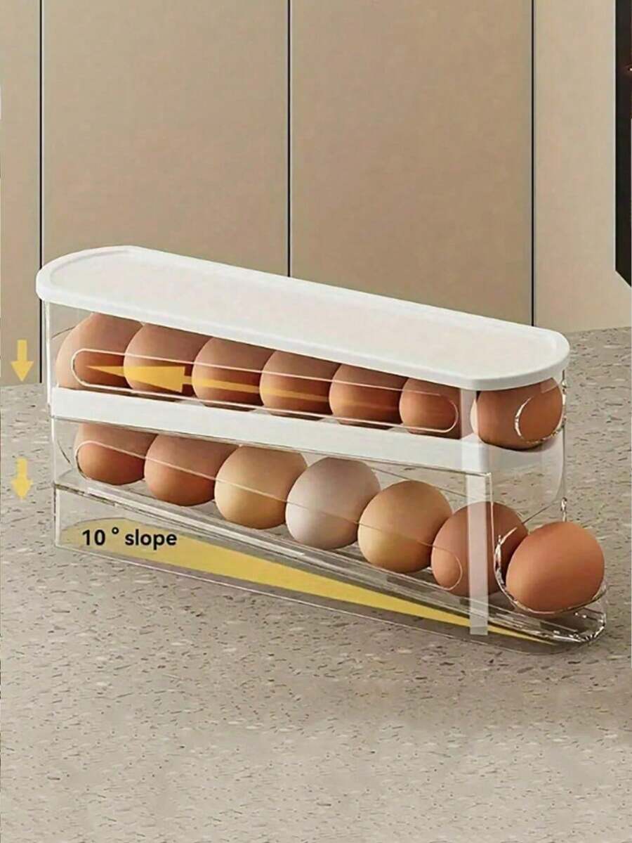 1pc Egg Storage Box, Double-Layer Sliding Egg Fresh-Keeping Box, Can Hold 12-14 Eggs, Plastic Material. Refrigerator Storage Rack, Kitchen Egg Tray, Washable, Portable, Can Be Used In Home Kitchen And Outdoor BBQ. Kitchen Accessories, Kitchen Storage, Kitchen Tools, Storage And Organization Tools, Kitchen Supplies