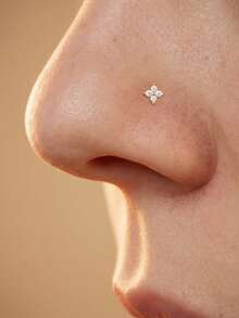 1pc 925 Sterling Silver Tiny Four-Leaf Clover CZ Zirconia Nose Stud, L-Shaped Hypoallergenic Nostril Piercing Jewelry, Unisex Minimalist Daily Wear Gift Accessory - Gold - View 4