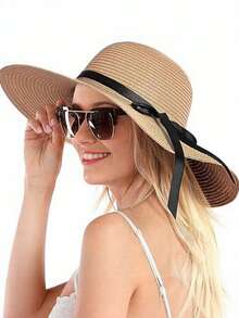 Women's Black Ribbon Straw Hat For Beach Vacation - Khaki - View 1