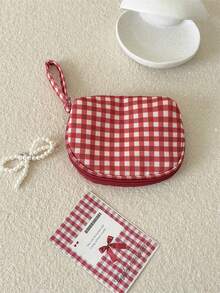 1pc/Set Vintage Red Plaid Mini Makeup Bag, Multi-Compartment Portable Cosmetic Storage Bag, Handheld Lipstick Organizer, Suitable For Travel And Daily Use - Red - View 15
