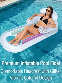 2pcs/1pc Adult Inflatable Floating Bed, Built-In Cup Holder Design, Sequin Decoration, Durable Material, Comfortable Back Support, Suitable For Pool Relaxation, Beach Vacation And Party Water Games, Easily Start Summer Fun - Multicolor - View 3
