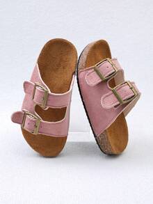 1 Pair Girls' Pink Solid Color Vintage Distressed Metal Double Buckle Decor Soft Cork Sole Non-Slip Breathable Open Toe Low-Top Double Adjustable Buckle Strap Flat Sole Casual Sandals For Home, Summer Outings, Back To School - Pink - View 1