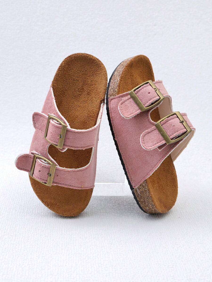 1 Pair Girls' Pink Solid Color Vintage Distressed Metal Double Buckle Decor Soft Cork Sole Non-Slip Breathable Open Toe Low-Top Double Adjustable Buckle Strap Flat Sole Casual Sandals For Home, Summer Outings, Back To School - Pink - View 1