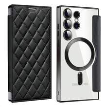 Compatible With Samsung Galaxy S26 Ultra S25 FE S24 Plus S23 + S25 Edge S22 A07 A15 A16 A17 A55 A56 A57 Fashion Luxury Rhombus PU Leather Wallet Case With Card Slots Magnetic Wireless Charging Full Body Shockproof Cover - Black - View 12