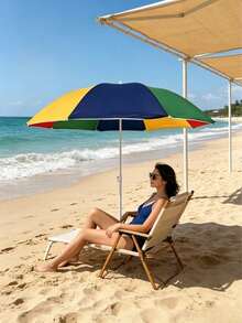 Rainbow Patchwork Beach Umbrella, Waterproof UV Protection Polyester Canopy, Windproof 8-Rib Adjustable Steel Pole, Portable Sun Parasol For Beach Pool Patio Garden, Perfect For Travelers, Family Picnic & Summer Outdoor Lovers - A - View 2