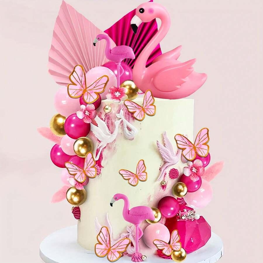 LaVenty Pink Flamingo Cake Topper, Hawaiian Theme Birthday Party Wedding Cake Decoration