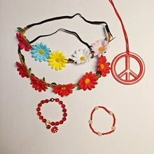 5pcs Hippie Accessories Set, Including Peace Sign Beaded Bracelet, Necklace, Flower Crown Headpiece, Hippie Costume Props, Suitable For Women To Attend Parties, Can Be Used For Halloween Party Costume - Multicolor - View 9