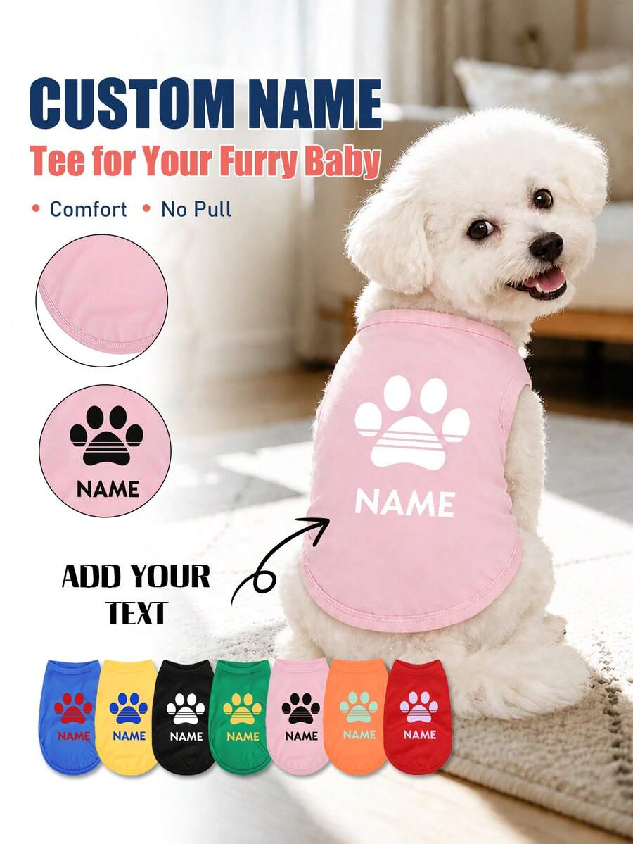 【客製化】客製姓名個性化寵物衣服 貓狗背心 T-shirt 舒適可愛 熱轉印狗爪圖案 狗狗完美禮物 - 彩色 - 查看 1