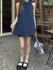 女款蝴蝶結波點掛脖上衣 夏季法式溫柔風 無袖襯衫小眾設計度假上衣 - 藍色 - 查看 2