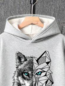 Varm hoodie- och byxset med cartoon-tryck för tween-pojkar - Grå - Visa 3