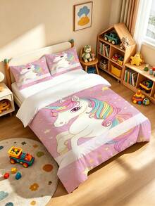 2/3pcs Pink Cartoon Rainbow Unicorn Print Duvet Cover Set, Sweet Girl Style Polyester Fabric Bedding Set, Customizable Personalized Name Print, Suitable For Girls Bedroom Daily Use, Birthday Christmas All Season Decoration - Multicolor - View 2