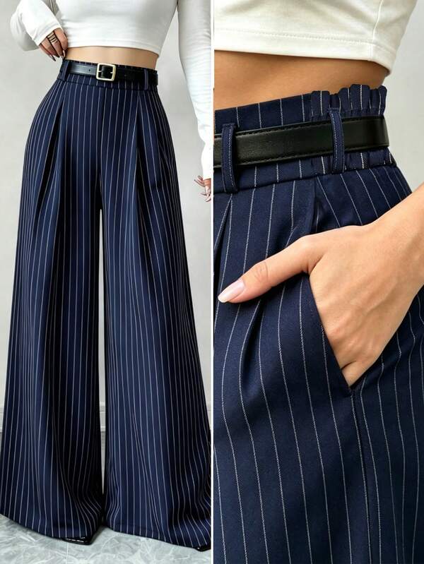 RNU RUN Women's High-Waisted Pinstripe Wide Leg Suit Pants, Front Pleated Loose Striped Wide Leg Pants With Side Pockets, Business Casual Office Trousers