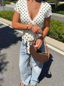 Women's Pure White Short Sleeve T-Shirt, Unique Design With Lace Trim V-Neck Cardigan Casual Summer - Black and White - View 6