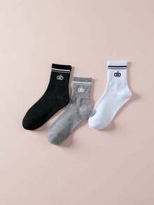 3/6/12 Pairs Kids Double Stripe Cuff AB Letter Print Soft Sweat-Absorbent Mid-Calf Socks, Campus Daily Street Style All-Season - Multicolor - View 4