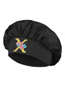 個性化字母緞面髮帽，寬版舒適髮帶，客製化姓名縮寫刺繡睡眠帽，粉色絲綢夜帽，女孩禮物 - 彩色字母刺繡黑色 - 查看 45