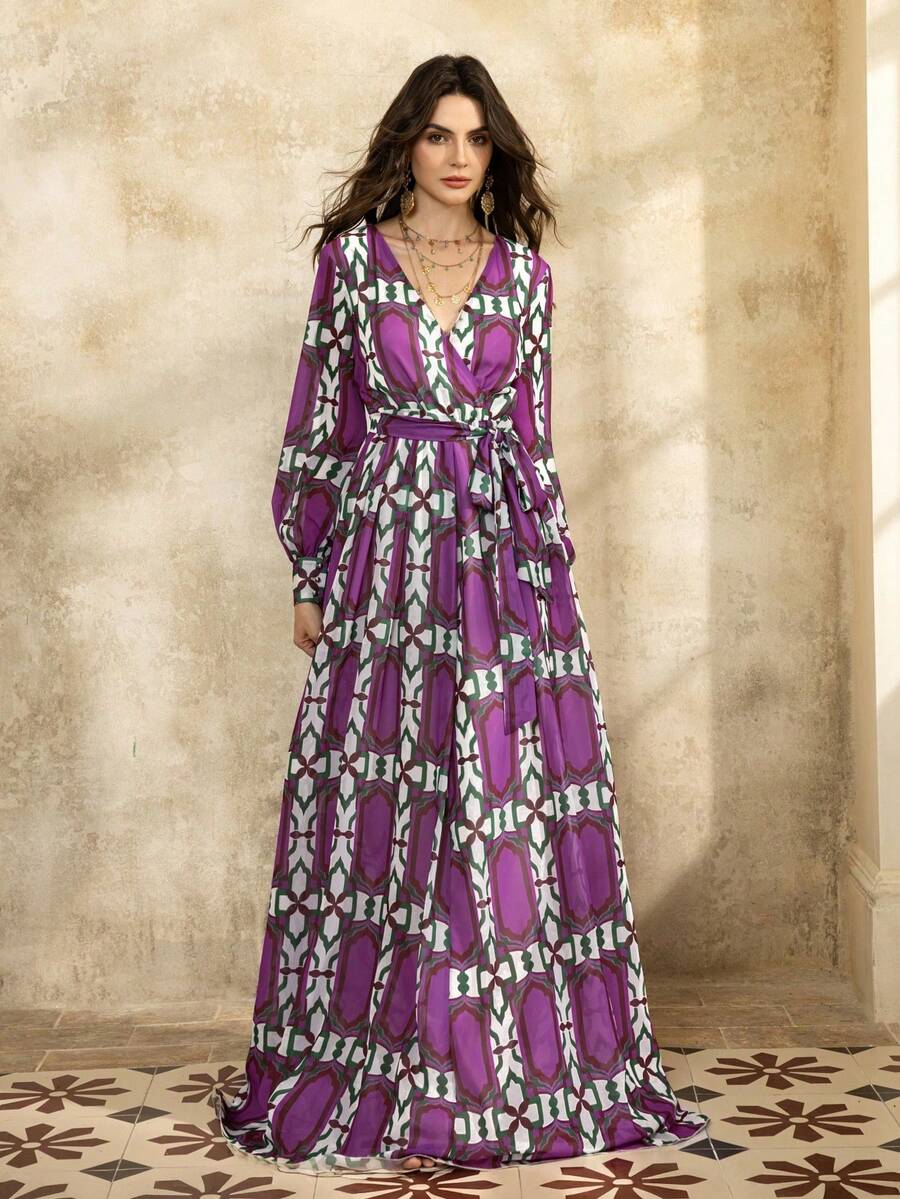 Faeriesty Elegant Cross-Neck Floral Evening Gown, Deep V-Neck, Belt Design Party Wedding Vacation - Purple - View 1