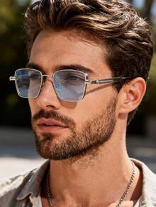 1 Pair Classic Square Frame Men's Sunglasses, Premium Quality For Daily Wear, Unique Design, Suitable For Travel, Camping, Commuting And Multiple Occasions - 1 Piece Silver Frame Blue Film - View 5
