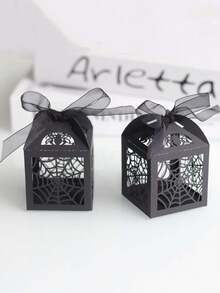 10/20pcs Halloween Black Hollow Spider Web Pattern Gift Boxes Equipped With Decorative Ribbons, Premium Laser Cut Paper Packaging Cases, Ideal For Spooky Themed Party Supplies, Mini Ornaments, Tiny Decorations & Small Sundries Storage - Multicolor - View 6