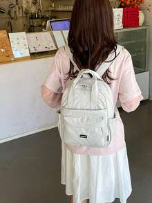 Fashionable Versatile Solid Color Nylon Fabric Student Backpack, Women's Mini Water-Resistant Campus Daily Backpack, Suitable For High School And College Students, Compact Travel Shoulder Bag, Waterproof Business Commute Backpack, Multi-Pocket Functional Backpack, Back To School Essential, Student University Bag - White - View 5