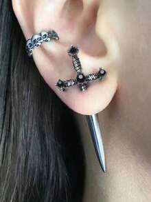 1pair Vintage Rhinestone Decor Sword Design Earring Jackets For Women For Gift - Multicolor - View 1