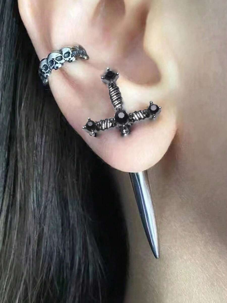 1pair Vintage Rhinestone Decor Sword Design Earring Jackets For Women For Gift - Multicolor - View 1