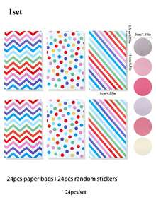 24/48 pièces Sacs cadeaux de fête en papier à pois et rayures, sacs de bonbons et de collations de couleurs mélangées, convient pour baby shower, anniversaire, fournitures de fête de mariage - Multicolore - Voir 10