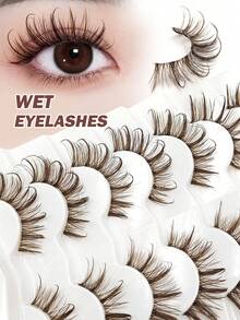 7 Pairs Brown Cartoon False Eyelashes, Transparent Stem, Suitable For Cartoon Style Eye Makeup, Reusable, Wet-Look Pointed Style, Daily Commute Travel Party Gift - Brown - View 2