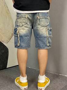 Pantalones cortos de mezclilla de trabajo, pantalones cortos de mezclilla de 5 bolsillos hasta la rodilla, pantalones cortos de mezclilla con efecto desgastado, lavado y deshilachado de estilo callejero con múltiples bolsillos para hombres, verano, pantalones cortos holgados de pierna recta hasta la rodilla, jeans de mezclilla estilo hip-hop callejero, moda de estilo callejero versátil, adecuado para el uso diario y el uso en verano. - Azul - Ver 3
