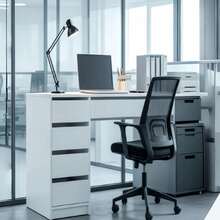 Modern Luxury White Office Desk, Size: 120*55*76.5cm, Integrated Storage Design, 4 Drawers,Hidden Pull Handles, Rounded Desktop, Suitable For Home, Office And Study,Computer Desk,Writing Desk,Office Desk,Work Desk,Solid Wood Desk - Desk - View 7