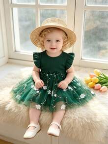 Baby Girl Elegant Floral Embroidery Mesh Flutter Sleeve Princess Dress, Summer - Dark Green - View 2