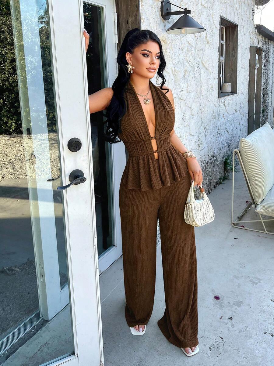 AIJ Amarilo Women's Brown Solid Color Elegant Casual Sexy Deep V Neck Spaghetti Strap Backless Tie Ruffle Wide Leg Pants 2-Piece Set Spring Summer Beach Party Wedding Guest Spring Break Holiday Graduation Season Matching Outfit - Brown - View 1