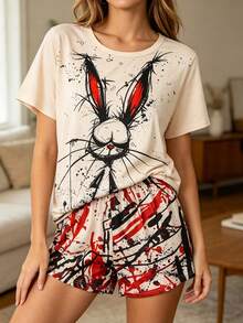 2-Piece Set Cool Short Sleeve Outfit, Ink Wash Graffiti Rabbit Print, Women's Pajama Set, 2-Piece Casual Crew Neck Pullover Top And Shorts, Suitable For All Seasons, Home Wear, Comfortable And Loose - Multicolor - View 3