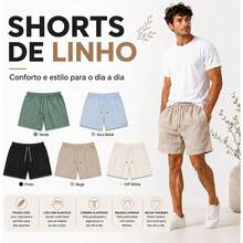 Kit 3 Short De Linho Mauricinho Bermuda Masculina Com Bolsos - PRETO VERDE BEGE - Visão 3