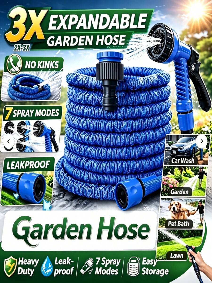 100FT Expandable Garden Hose, Water Pipe Flexible Hose With 7 Function Spray Nozzle For Watering Lawn Yard Garden Car Washing Pet Cleaning Easy Storage Ergonomic Design (Blue) - 藍色 - 查看 1