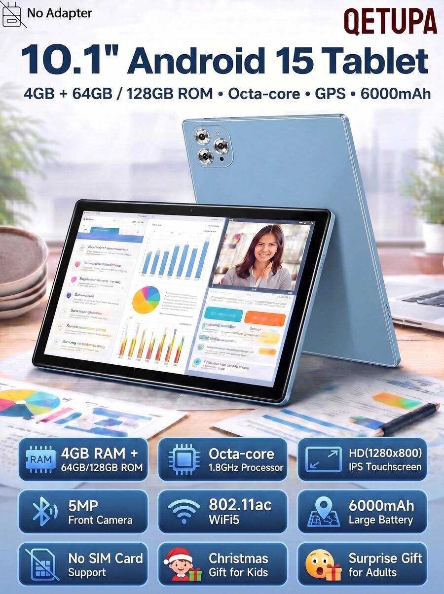 Qetupa M9-4 10.1 吋 Android 15 平板電腦，4GB RAM+64GB/128GB ROM，八核 1.8GHz 處理器，HD (1280x800) IPS 觸控螢幕，BT 5.2 & 802.11ac WiFi5，GPS，5MP 前置鏡頭 & 13MP 後置鏡頭，6000mAh 大電池，不支援 SIM 卡 (無適配器)