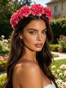 1Pc Bohemian Style Artificial Flower Crown, French Romantic Large Flower Headpiece, Suitable For Wedding/Vacation/Photoshoot - Multicolor - View 2