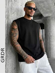 GRDR Camiseta de tirantes holgada para hombre, adecuada para el verano - Negro - Ver 4