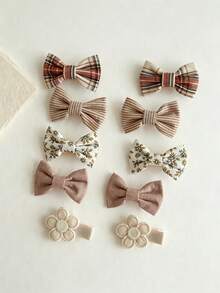 Kids Neutral Vintage Fabric Bow Hair Clips 10Pcs Barrettes Set - Multicolor - View 2